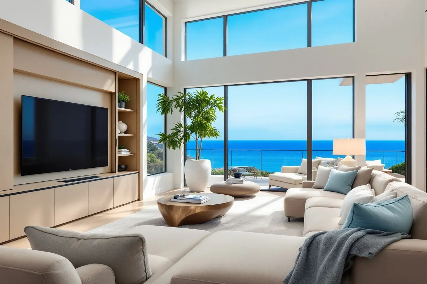La Jolla luxury living space with panoramic ocean view and natural light