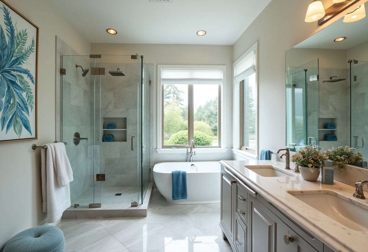 Bright bathroom design with large windows, soaking tub and marble countertops