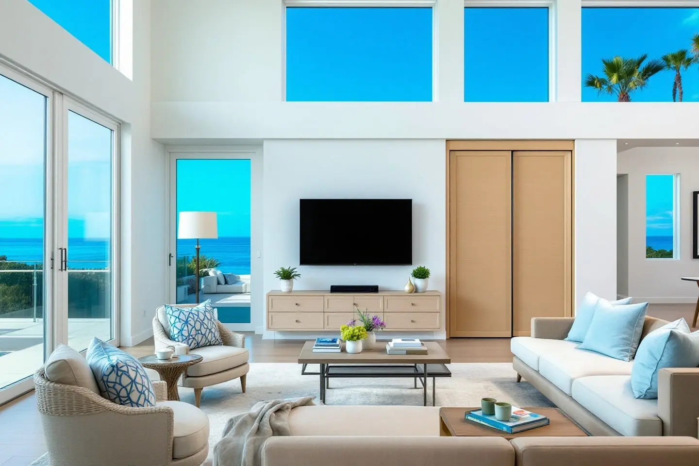Modern Del Mar home interior with panoramic sea views and soft blue accents