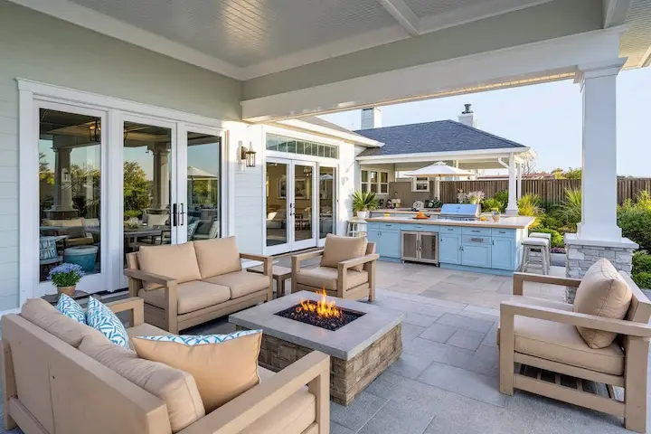Covered outdoor living area with fire pit and built-in blue outdoor kitchen
