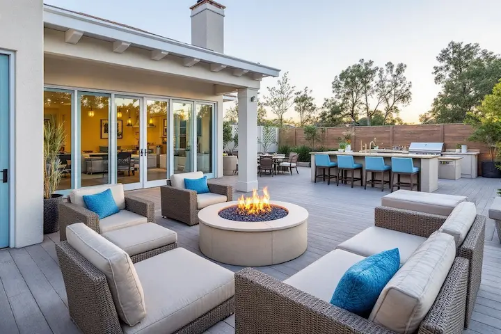 High-end outdoor area with gas firepit and outdoor kitchen