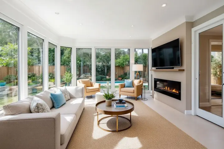 Modern sunroom design and installation in San Diego with large glass windows and built-in fireplace