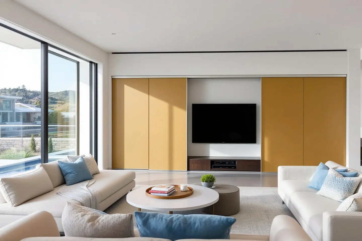 Modern living room in Carmel Valley with white sofas and gold sliding panels