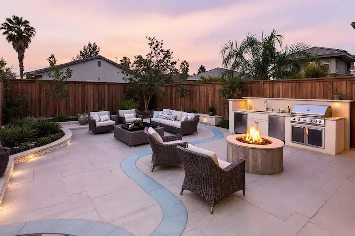 High-end outdoor area with gas firepit and outdoor kitchen