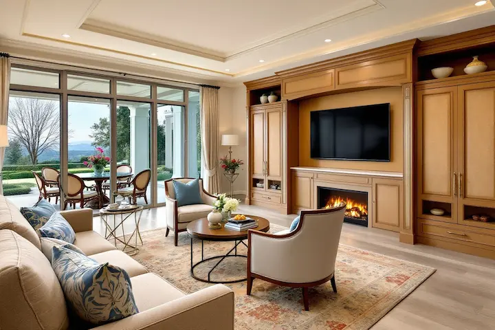 Old-money luxury vibe with wood and beige accents, traditional fireplace