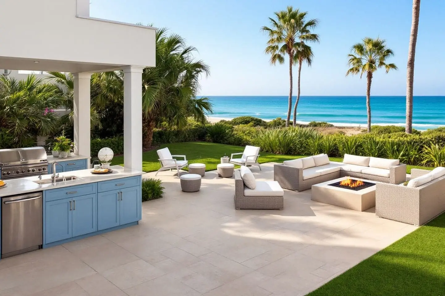 Beachfront remodel in Cardiff CA with ocean view, fire pit and outdoor kitchen