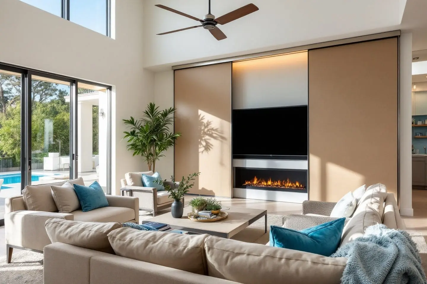 Del Sur living room remodel with modern fireplace and pool view