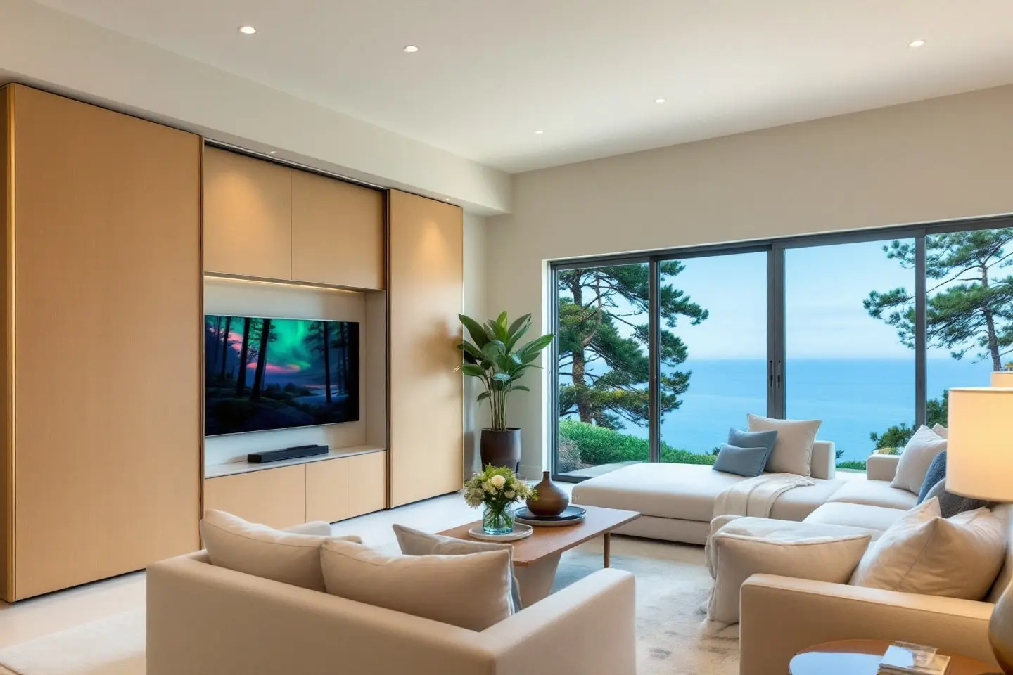 Modern coastal living room remodel in Torrey Pines with ocean views