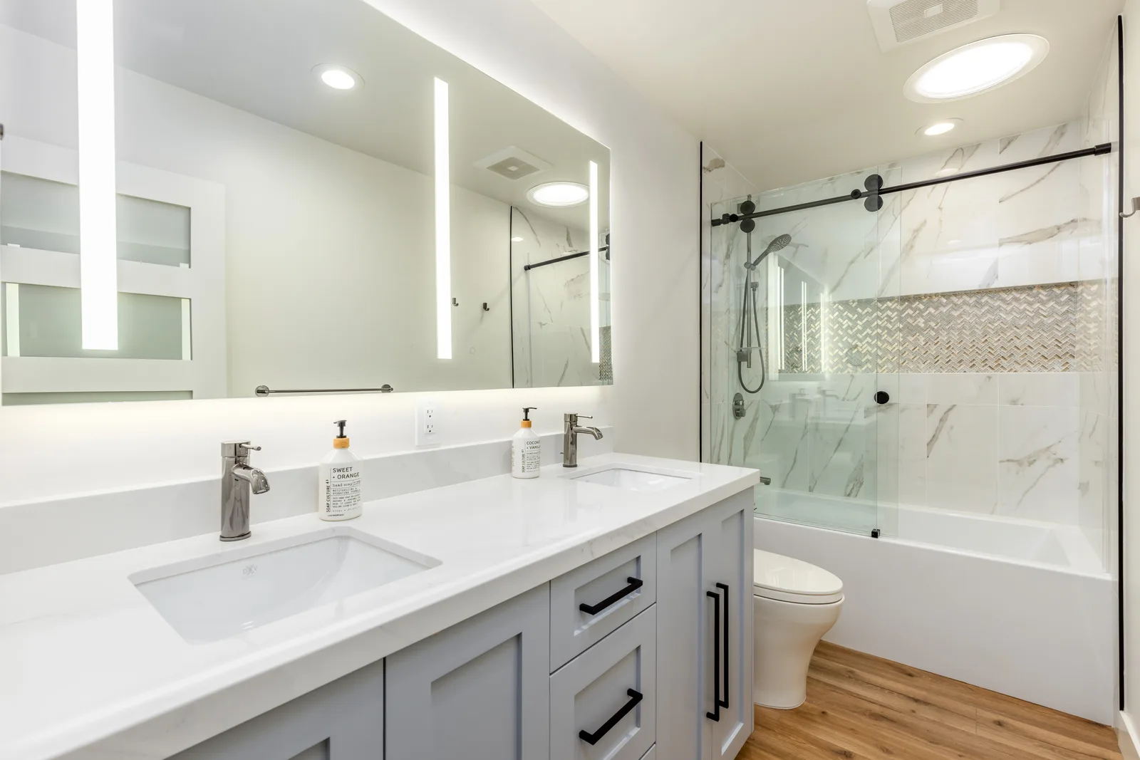 Spa master bathroom with double vanity and glass shower, Scripps Ranch remodel