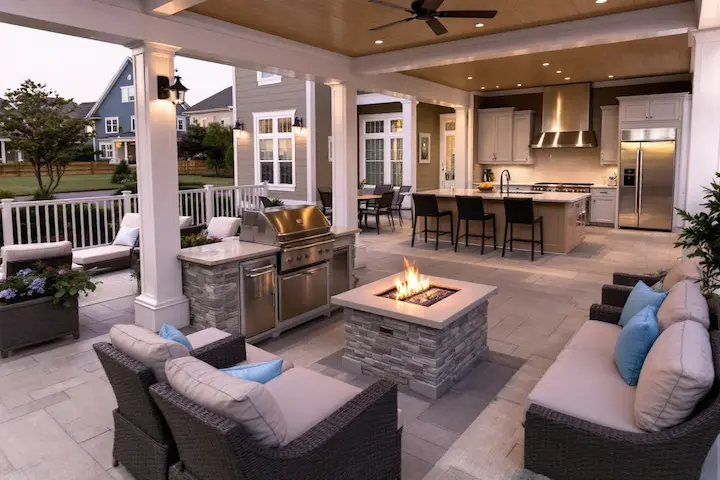 Ultra-luxury modern indoor/outdoor living space with shared firepit and outdoor kitchen