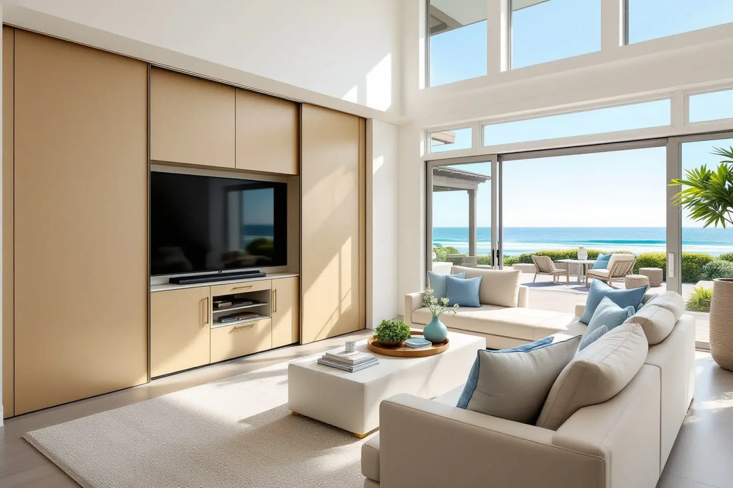 Living room remodel with built-in TV wall and ocean view