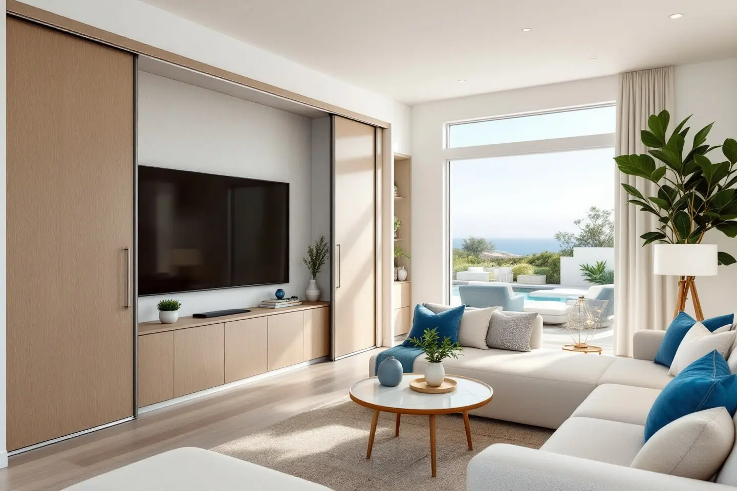 Coastal living room remodel with ocean view and modern built-in TV wall
