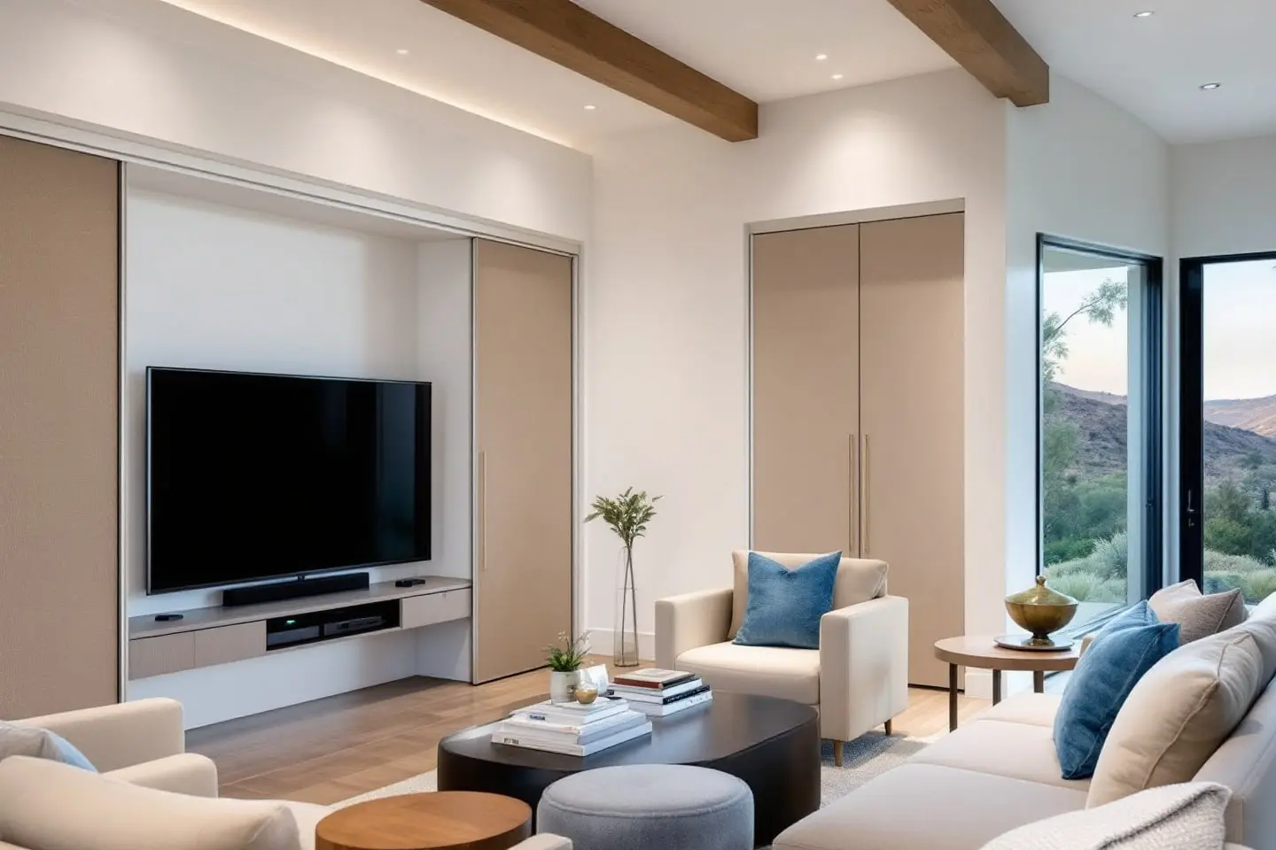 Modern living room with concealed TV cabinetry and wood beam ceiling